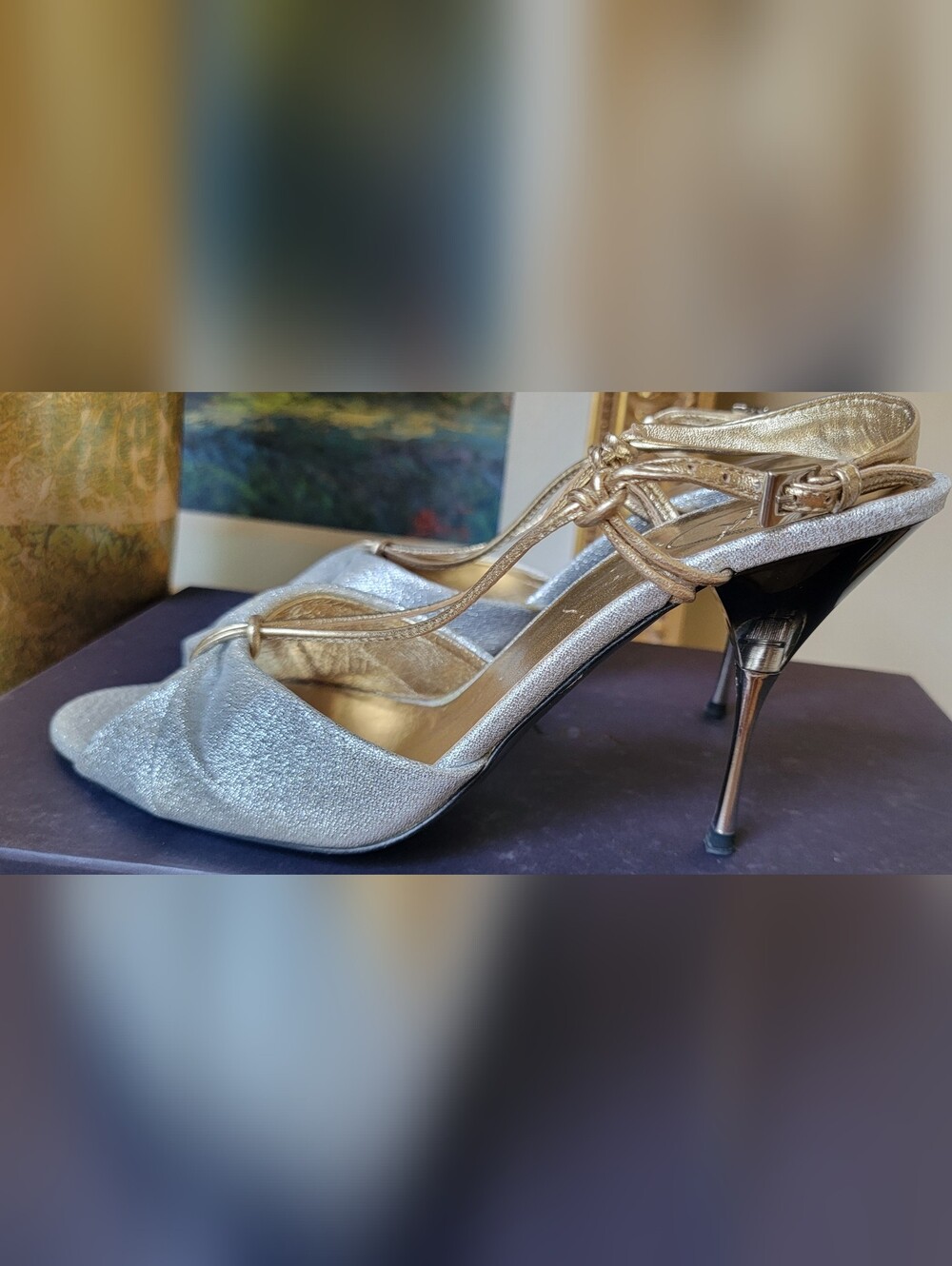 $795 PRADA SILVER GOLD DRESSY HIGH HEEL EVENING SANDAL COMFY SILK TOPS 39 US 9